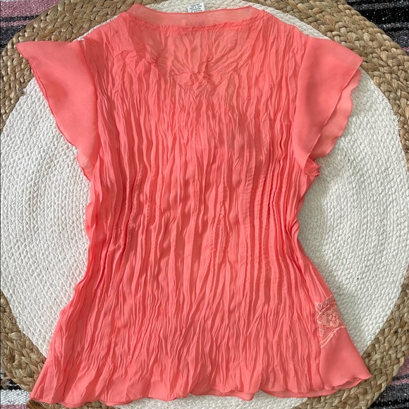 y2k Top Crinkle Chiffon Wrinkle Blouse Flutter Cap Sleeve Ruffles Lace - Picture 2 of 16